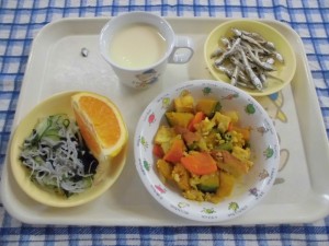 かぼちゃのそぼろ煮・酢のもの・オレンジ ≪おやつ≫　手作りのむヨーグルト・食べる煮干し