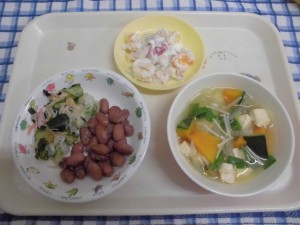 金時豆の甘煮・かぼちゃのみそ汁・和風大根サラダ ≪おやつ≫　フルーツクリームあえ